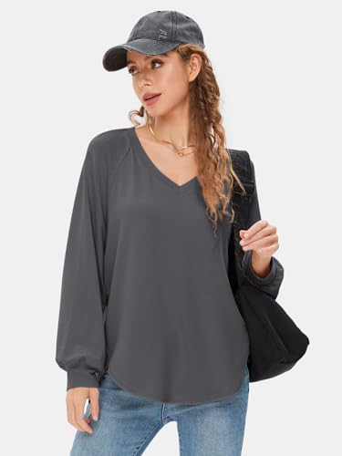 Image of EXLURA Womens Fall Oversized V Neck Tunic Tops 2025 Casual Long Sleeve Shirts Lightweight Soft Sweater Curved Hem T Shirts