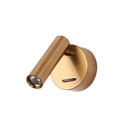 KJUEQ Luz LED de Pared Interior con Interruptor, lámpara Interior latón, decoración Dormitorio, iluminación habitación Invitados Hotel for una luz Lectura Junto a la Cama(Brushed Brass_3W 3.7V)