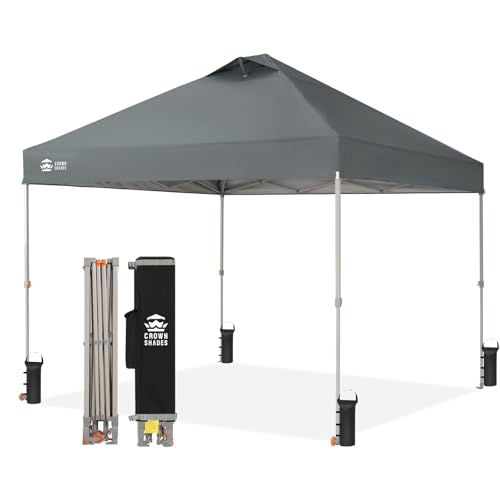 CROWN SHADES 10x10 Pop Up Canopy Tent, Beach Tent with One Push Setup -Outdoor Sun Shade for Events, Parties, Camping with STO-N-Go Cover Bag, Silver Coated Top, Grid Grey