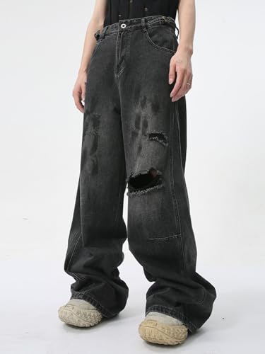 Men's Baggy Jeans Wide Leg Straight Ripped High Waist Casual Streetwear Hip Hop Y2k Hole Denim Pants4