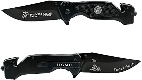 Black Stealth Marine Corps Folding Elite Tactical Knife - USMC Combat Rescue Knife - Great Gift for the Veteran in your Life