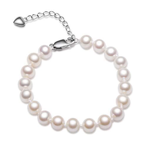 Pearl Bracelets for Women Freshwater Cultured White Round Sterling Silver Genuine Pearl Bracelet for Girls 7.5-8.5mm