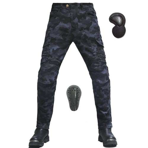 SHAIYOU Pantalones Protectores Moto Pantalones Camuflaje Transpirables y Resistentes Al Desgaste Hombre con 2 Pares de Protectores de Cadera y Rodilla Almohadillas Extraíbles (Blue,XXL)