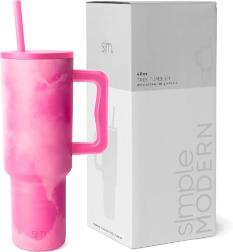 Image of Simple Modern 40 oz Trek Tumbler with Handle and Straw Lid | Cup Holder Friendly Insulated Stainless Steel Travel Mug | Pink Whimsical Tie Dye (Pack of 12)