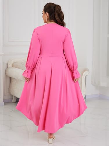 Image of Baczoe Plus Size Long Sleeve Church Dress for Curvy Women | Maxi Length, Elegant Formal Style, Flowy A-Line Shape, Two Side Pockets