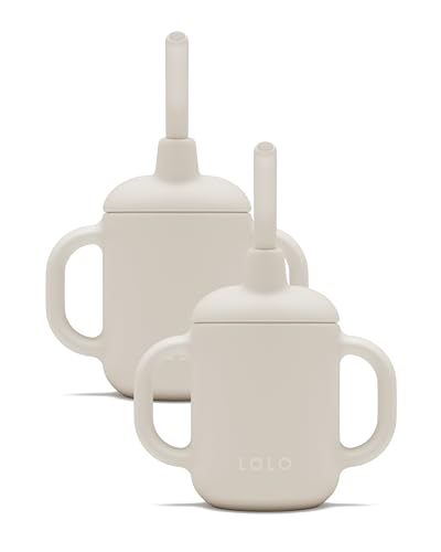 Image of Lalo Little Cup 2-Pack, Non-Toxic Silicone Straw Cup with Handles - Baby and Toddler Sippy Cup - Mini Cup and Straw Training System, 4oz, Oatmeal
