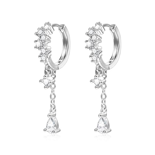 925 Sterling Silver Drop Dangle Earrings Cubic Zirconia Teardrop Hoop Dangle Earrings for Women 14K Goldplated Hypoallergenic Elegant Drop Water CZ Dangle Chain Huggie Earring Jewelry