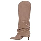 Wnshonzy Suede Fold Over Knee High Boots for Women Brown Wide Calf Pointed Toe Tall Boots Stiletto High Heels Long Boots Fall Boots Pull on Fashion Casual Dressy Nude Tan Camel