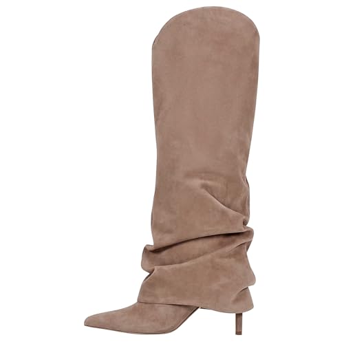 Fold Over Knee High Boots for Women Wide Calf Pointed Toe Tall Long Boot Stiletto High Heels Fall Pull on Fashion Casual Dressy