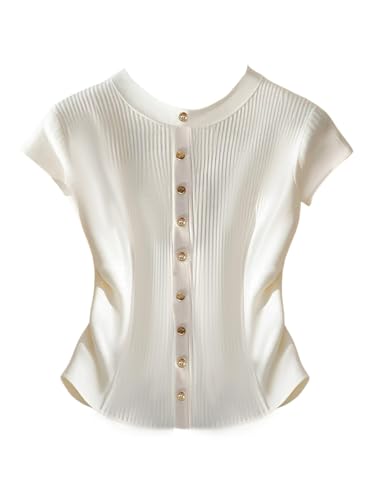 GORGLITTER Women's Cap Sleeve Button Up Sweater Ruched Lightweight Knit Fall Tops Business Casual Going Out Pullover