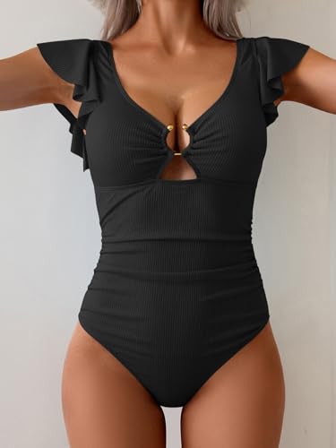 Image of Eomenie Womens Ruffled One Piece Swimsuit Slimming Tummy Control Bathing Suit V-Neck Cutout Swimwear for Resort Wear