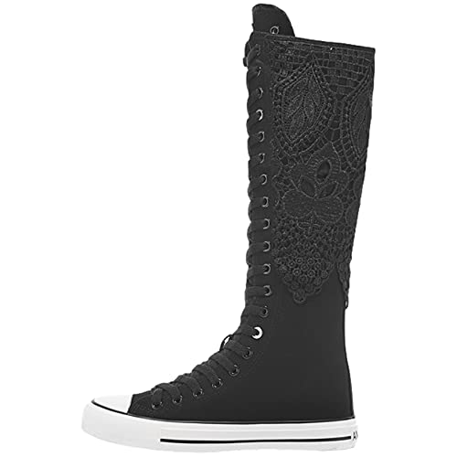 Image of ANUFER Women Fashion Canvas Dance Boots Knee High Bicycling Boots Girls Fancy School Shoes