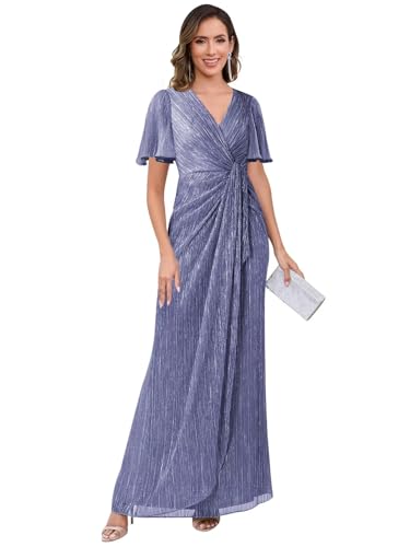 V Neck Formal Mother of The Bride Dresses with Sleeves Long Shiny Sheath Formal Evening Gowns4