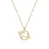 Aobei Pearl 18K Gold Saturn Planet Necklace Pave Cubic Zirconia Pendant Necklace Dainty Satellite Chain Jewelry for Women Mother's Day Gift 20”+2”