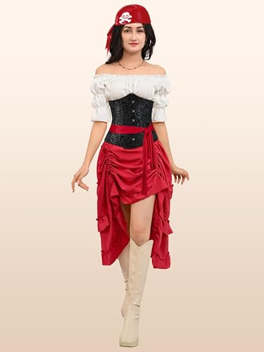 Zhitunemi Halloween Costumes Woman 2025: Black Underbust Corset Top for Women Pirate Costume - Corsets for Pirate Theme Party