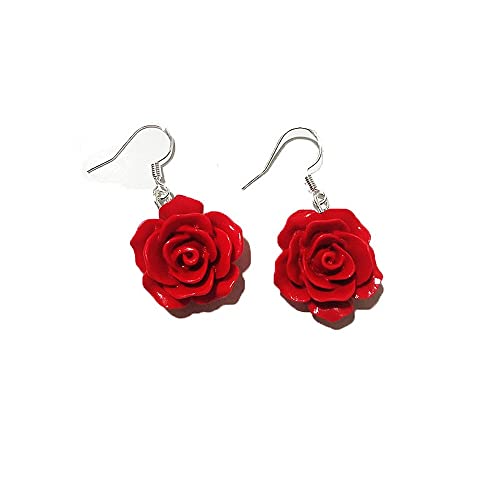 Red Rose Flower Earrings Ring Vintage Enamel Painting Dangle Earrings for Women Jewelry