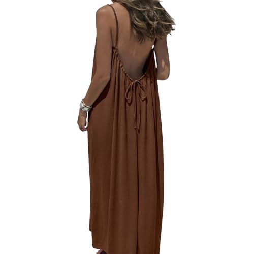 VOLOVEN Womens Backless Cami Maxi Dress Spaghetti Strap Beach Dress Loose Vacation Sundress (Brown)