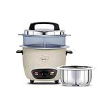 Pigeon Inox Pro Rice Cooker with Steamer, 1 litres | Stainless Steel Lid | 700 Watts | 1 Steel Cooking Pot | Measuring Cup | Spatula | Energy Efficient Cooking (Grey)