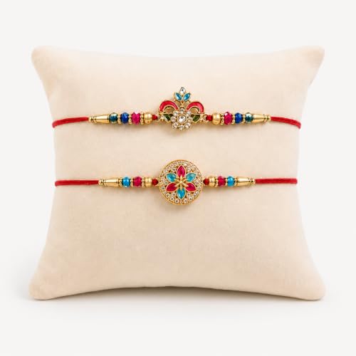 Image of Oblivion Rakhi Set for Brothers | Pack of 2 Peacock Floral & Round Meenakari Designer Rakhis with Roli Chawal, Shagun Coin & Greeting Card | Raksha Bandhan Gift Set