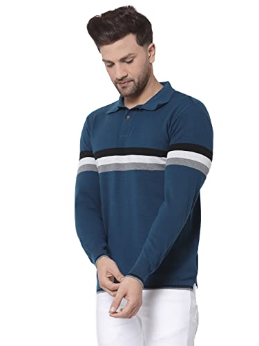 Image of Kalt Mens Basic Solid Full Sleeves Polo Cotton Blend Knitted Regular Fit Polo-Neck T-Shirts with Collar Stylish