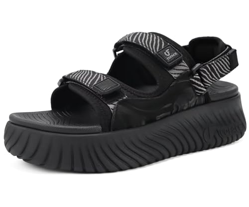 Image of COFACE Womens Orthopedic Walking Sandals with Comfortable Plantar Fasciitis Arch Support Outdoor Athletic Platform Sandles Sport Recovery Adjustable Strap Thick Cushion Slides Black Size 5