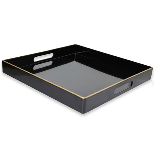 Spsyrine Black Decorative Tray for Living Room, Square Modern Plastic Coffee Serving Table Tray for Ottoman Bathroom Kitchen, 13"*13"