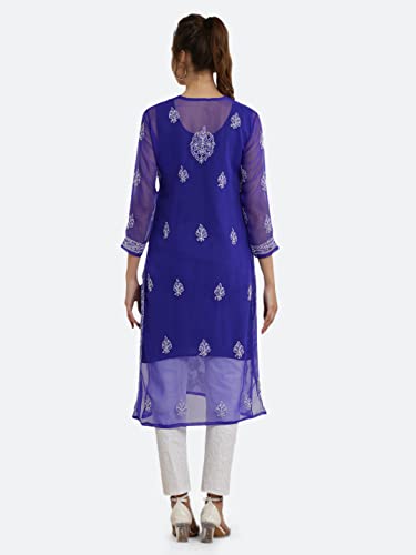 Image of FAWOMENT Women's Designer Straight Georgette Hand Embroidered Lucknowi Chikankari Kurta Designed in Side Jhaar Pattern Alongwith Slip