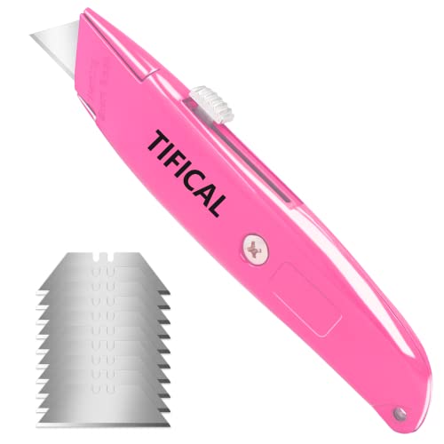 Tifical Box Cutter Retractable, Premium Utility Knife With Extra 10 Blades, Auto-Lock Razor Knife For Cartons, Cardboard, Boxes, Aluminum Shell Box Opener Box Cutter Knife For Home, Office, Pink #TOP8