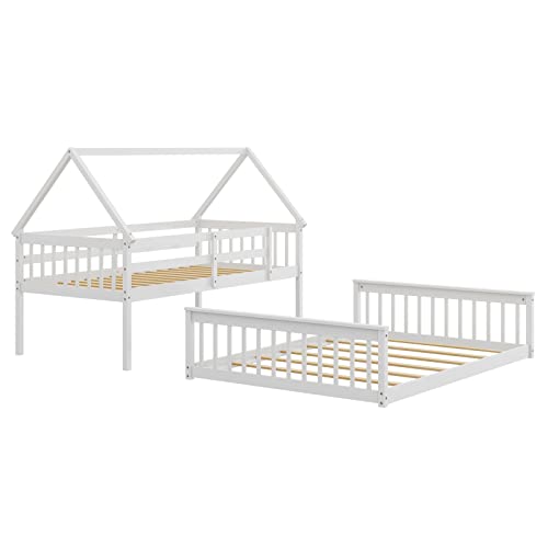 Komfott Wood Twin Over Full House Bunk Bed With Built In Ladder, Solid Pine Wood Bunk Bed Frame With Safety Guardrails, House Bunk Bed Frame For Kids, Teens, Juniors, No Box Spring Needed (White) #TOP7