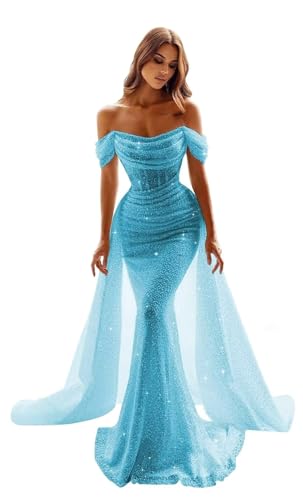 Mermaid Prom Dress for Teens 2026 Long Glitter Tulle Prom Gown Strapless Ice Blue Formal Evening Dresses Backless US8