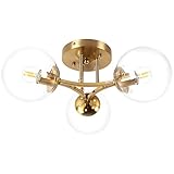 Bagood Mid Century Modern Ceiling Light Clear Globe Semi Flush Mount Ceiling Light Gold Sputnik Light Fixture Chandeliers Clear Glass Brushed Brass Chandeliers Living Room Dining Room Bedroom 3 Lights