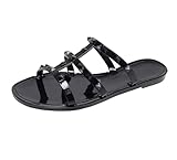 OMGard Womens Studded Sandals Jelly Shoes Ladies Black Ladies Jellies Flat Size 8.5, Woman Summer Beach Slides with Rivets Dressy Slippers Slip On