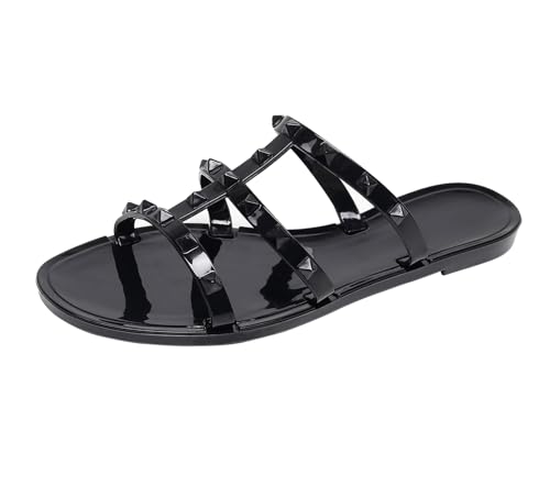 Image of Women Flats Sandals, Studded Jelly Shoes Size 9 Red Dressy Summer Beach Rivets Strappy Jellies Slide Slip On Open Toes
