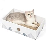 Conlun Cat Scratcher Box with Heavy-Duty Double-Sided Cardboard Pad, Cardboard Lounger, Interactive Hole Design, Cat Bed for Indoor Cats, White, Large