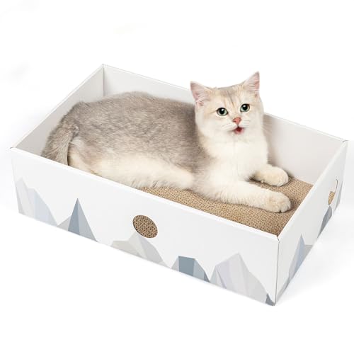 Conlun Cat Scratcher Box with Heavy-Duty Double-Sided Cardboard Pad, Cardboard Lounger, Interactive Hole Design, Cat Bed for Indoor Cats, White, Large