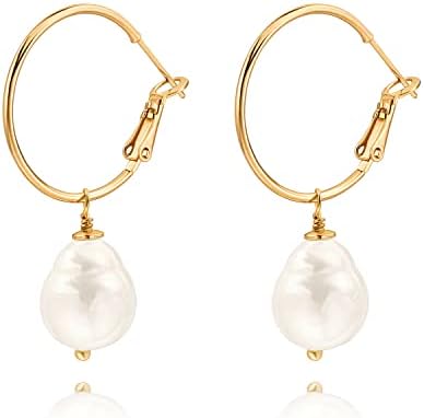 18K Gold Plated Huggie Hoop Earrings Boho Baroque Pearl Drop Dangle Earrings Lightweight Handmade Jewelry for women