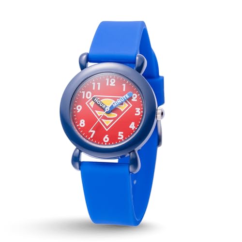 DC Comics Superman Watch for Kids Ages 4–7 – Featuring Iconic Shield Character Dial with Easy-Read Hour & Minute Hands – Superman Watches for Boys – Watches for Toddlers – Blue Bezel, Blue Nylon Strap