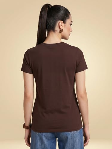 Image of JUNEBERRY Women's Regular Fit Printed Tee - 100% Pure Cotton, Round Neck, Half Sleeve Graphic T-Shirt for Daily Use (Colors: Red, Brown, Green & Future Dusk)