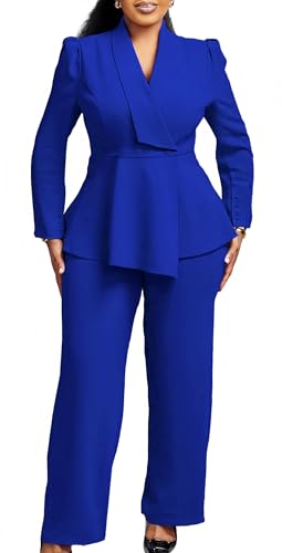 INR 2 Piece Outfits for Women Long Sleeve Suit Collar High Waisted Peplum Suit Jacket Straight Leg Long Pants Business Casual Office Outfits Royal Blue