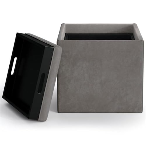 SIMPLIHOME Rockwood Cube Storage Ottoman with Tray - 17" Wide x 17" High Upholstered Vegan Leather Square Storage Ottoman in Distressed Slate Grey, Contemporary Cube Ottoman with Serving Tray - Thumbnail 5