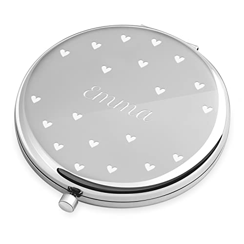 Maveron Silver Personalized Compact Mirror For Woman - Cosmetic Bag Accessory For Girl - 2.6 X 2.6 X 0.5 Inches - Beauty Accessory For Women’s Day - Pocket Mirror For Birthday - Hearts #TOP13