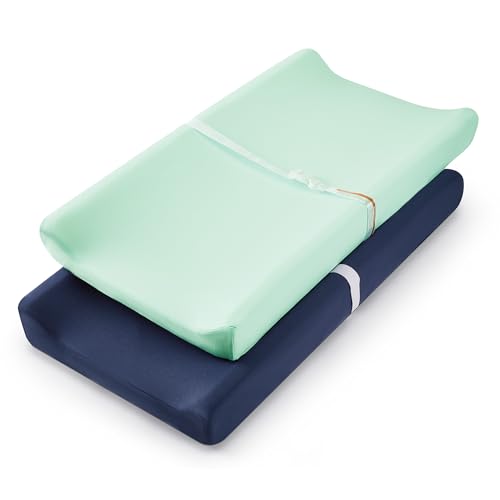 Image of TILLYOU Changing Pad Cover Set in Soft Jersey Material - Fits 32"/34''x16 Contoured Pad for Babies, Navy Blue & Lt Green