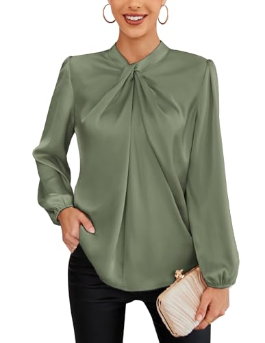 Image of GRACE KARIN Women's Blouses Shirts Knotted Neck Long Sleeve Tops Vintage Dinner Dance Party Shirt Yellow-Green M