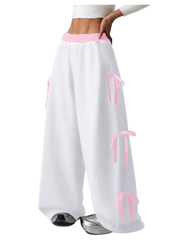 Verdusa Calça de moletom feminina com laço e perna larga, leve, fofa, com bolsos, Branco, 10 Anos