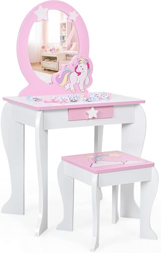 FANTASK Tavolo da toeletta per bambini con cassetto e specchio rimovibile, tavolo da toeletta da principessa con...