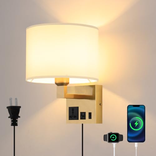 Image of Plug in Wall Light, Wall Lamp with Brass Base Cylindrical Shape | Wall Light for Living Room Bedroom Hotel, Bedside Lamp Bulb Included, Wall Mounted Lamp with AC Outlet & USBA+C Charging Port