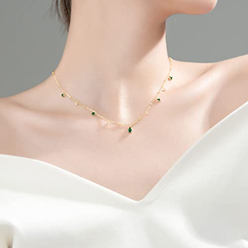 Green & Gold Necklace For Women 14K Gold Dainty Emerald Green Stone Necklace Women’s Simple Thin Green Necklace Green Pear Cubic Zirconia Diamond Necklace Minimalist Necklace Gold Trendy Jewelry Gift #TOP1