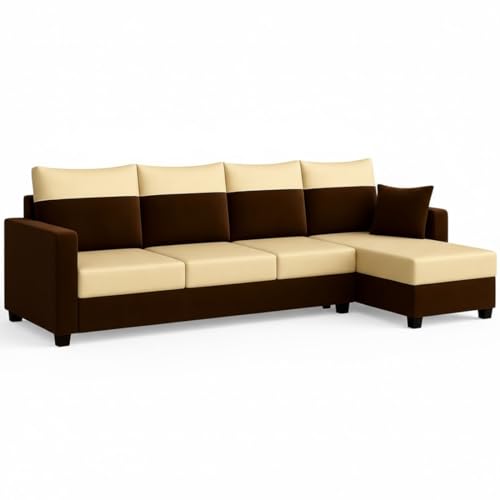 Image of Furny Arevva 6 Seater Fabric RHS L Shape Sofa Set (Cream-Dark Brown) | Soft Velvet Fabric | Modern Design | Comfortable Seating | Living Room Furniture
