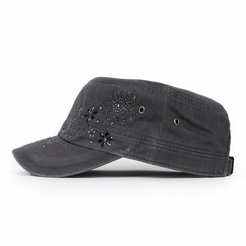 Image of ililily Crystal Gemstone Stud Flower Vintage Cotton Military Army Hat Cadet Cap
