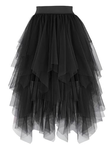 PUKAVT Tulle Skirts for Women High Waist Elastic Midi Skirt A-line Irregular Layered Mesh Tutu Skirts Black XXL